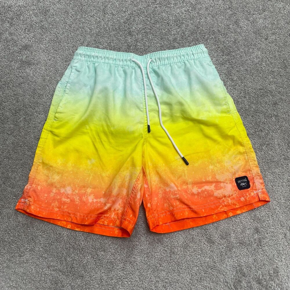 Spicy Tuna Tie-Dye Swim Trunks Mens Small Green Yellow Orange Color-Block Shorts